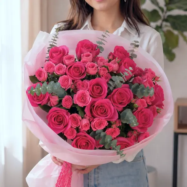 Микс-букет «Малиновый Щербет» из роз и кустовых роз с эвкалиптом